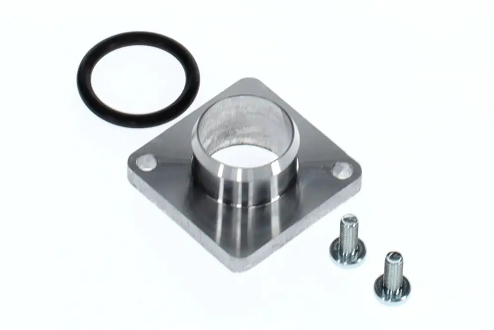 Flansch aus Metall mit zylindrischer Bohrung in der Mitte, dazu O-Ring und zwei Schrauben, geeignet für Bosch Anwendungen.
